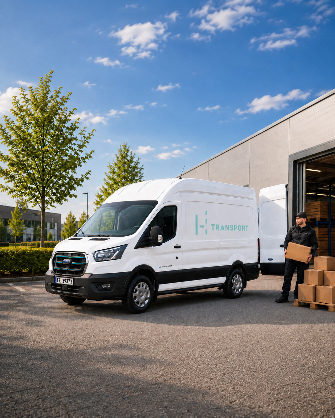 H Transport sjåfør med pakke foran en elektrisk varebil ved et varemottak
